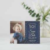 ELKE Verjaardag 2 Foto Navy Blue Gold Save the Dat Uitnodiging Briefkaart (Staand voorkant)