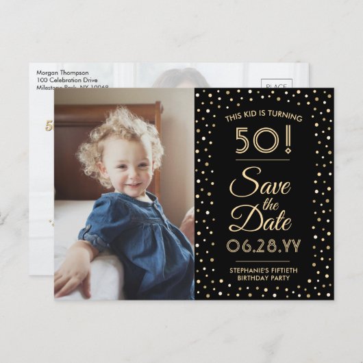 ELKE Verjaardag 2 Foto Zwart en Goud Save the Date Uitnodiging Briefkaart (Voorkant / Achterkant)