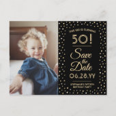 ELKE Verjaardag 2 Foto Zwart en Goud Save the Date Uitnodiging Briefkaart (Voorkant)