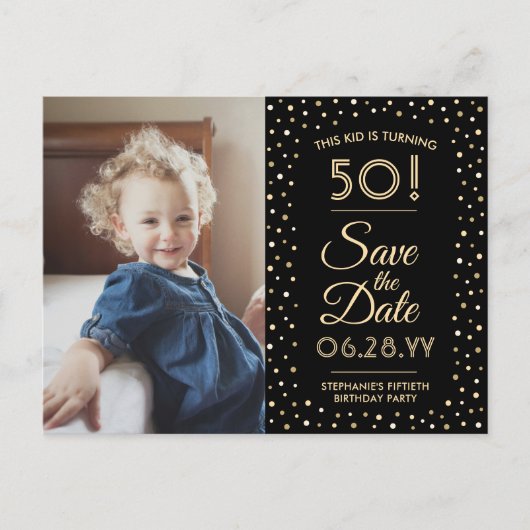 ELKE Verjaardag 2 Foto Zwart en Goud Save the Date Uitnodiging Briefkaart (Voorkant)