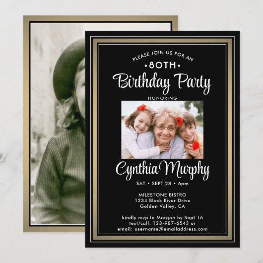 ELKE Verjaardag 2 Foto Zwart, Wit en Goud Party Kaart (Voorkant / Achterkant)