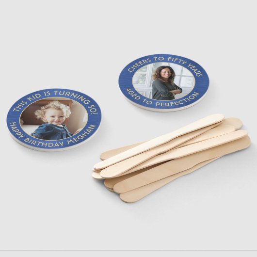 ELKE Verjaardag 2 foto's geborsteld blauw en goud  Handwaaier (Niet-gemonteerd)