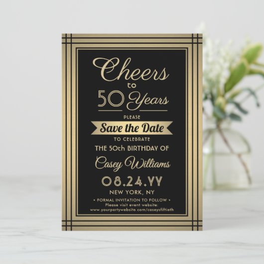 ELKE Verjaardag Cheers Elegant Classic Zwart en Go Save The Date (Staand voorkant)