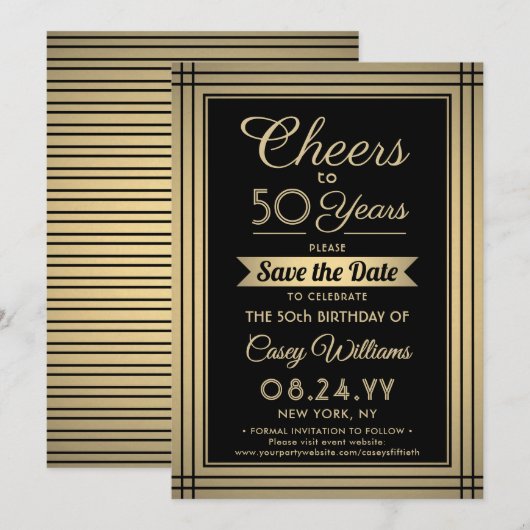 ELKE Verjaardag Cheers Elegant Classic Zwart en Go Save The Date (Voorkant / Achterkant)