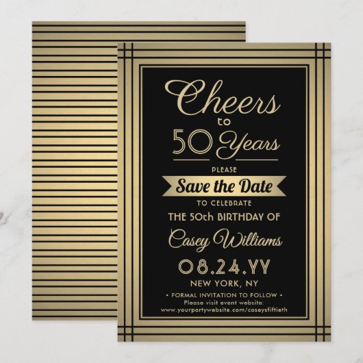 ELKE Verjaardag Cheers Elegant Classic Zwart en Go Save The Date (Voorkant / Achterkant)