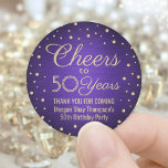 ELKE Verjaardag Cheers Geborsteld Paarse & Gouden  Ronde Sticker<br><div class="desc">Voeg een gepersonaliseerde afwerking toe aan het verjaardagsfeestje. Dank u wel dat u deze paarse en gouden ronde stickers / envelopzegels hebt aangeprezen of dat u er voorstander van bent. Deze sjabloon is opgezet voor een 50e verjaardag, maar is eenvoudig aan een ander jaar of een gebeurtenis, zoals een verjaardag...</div>