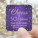 ELKE Verjaardag Cheers Geborsteld Paarse & Gouden  Vierkante Sticker<br><div class="desc">Voeg een gepersonaliseerde afwerking toe aan het verjaardagsfeest. Dank u voor uw opmerkingen of gunsten met deze paarse en gouden vierkante stickers / envelopzegels. Deze sjabloon is opgezet voor een 50e verjaardag, maar is eenvoudig aan een ander jaar of een gebeurtenis, zoals een verjaardag aan te passen. Ontwerpfuncties folie ziet...</div>