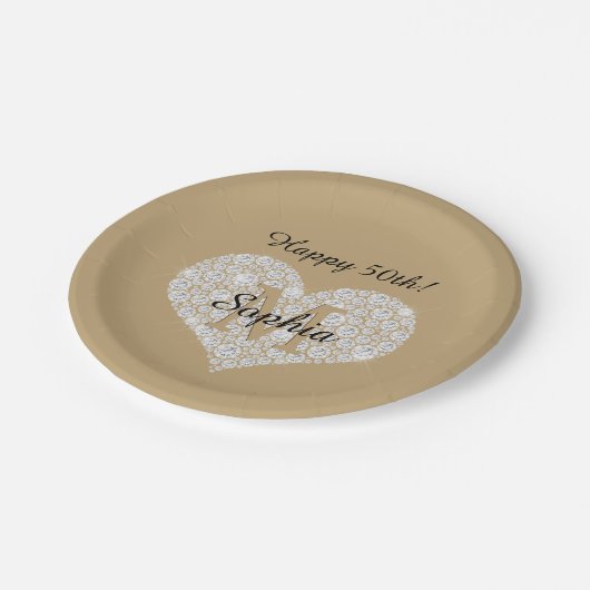 Elke verjaardag, diamanten hart, gouden monogram,  papieren bordje (Gekanteld)