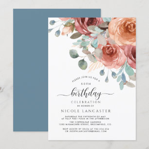 Elke verjaardag, Elegant, Dusty Blue en Blush Flor Kaart