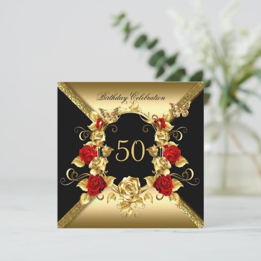 Elke verjaardag Elegant Gold Red Roses Black Kaart (Staand voorkant)