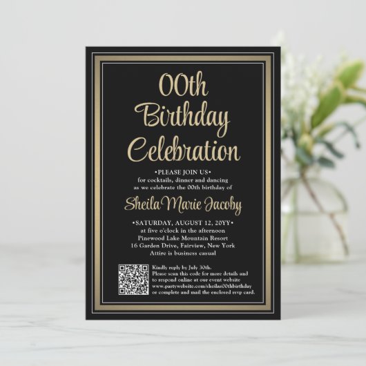 ELKE Verjaardag · Foto & QR Code Zwart & Goud Part Kaart (Staand voorkant)