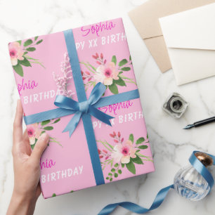 Elke verjaardag, naam, roze waterverf bloem cadeaupapier