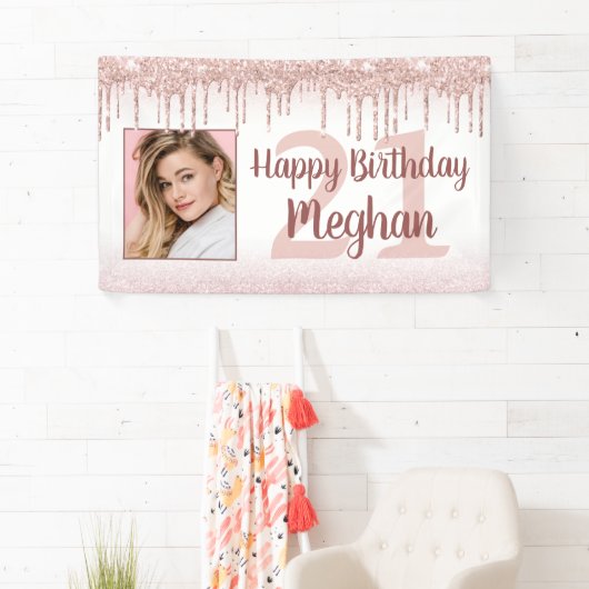 Elke Verjaardag Roos Gouden Glitter Drip Sparkle F Spandoek (Insitu)