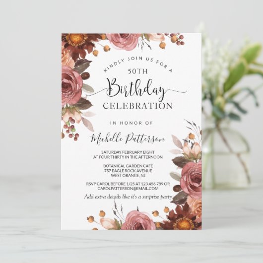 Elke verjaardag, Roze en Bourgondiërode bloemige b Kaart (Staand voorkant)