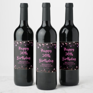 Elke verjaardag roze zwarte sterren borstel script wijn etiket