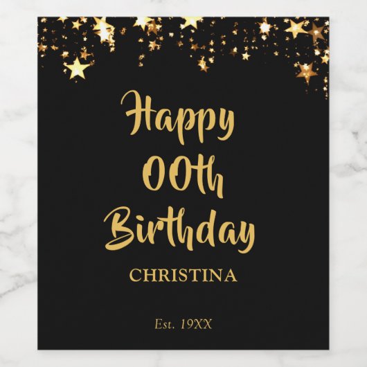 Elke verjaardag Stijlvolle Zwart Goud Sterren Naam Wijn Etiket (Enkel label)