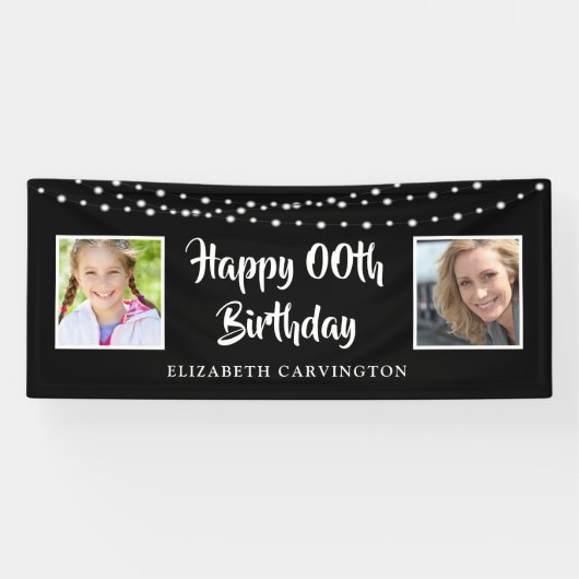 Elke verjaardag toen & nu foto's String Lights Zwa Spandoek (Horizontaal)