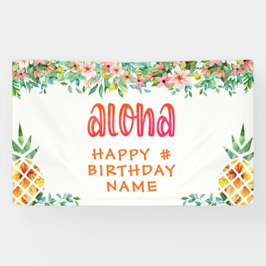 ELKE verjaardag Tropische Ananas Bloemen ALOHA Spandoek (Horizontaal)