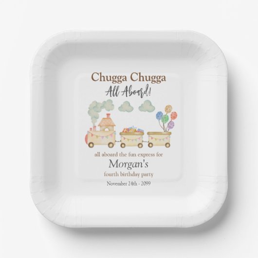 Elke Verjaardag Waterverf Brown Train Fun Express Papieren Bordje (Voorkant)