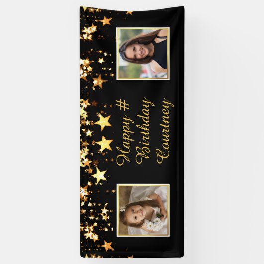 Elke verjaardag zwart gouden sterren 2 foto's aang spandoek (Verticaal)