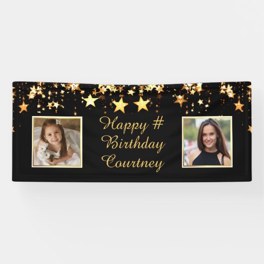 Elke verjaardag zwart gouden sterren 2 foto's aang spandoek (Horizontaal)