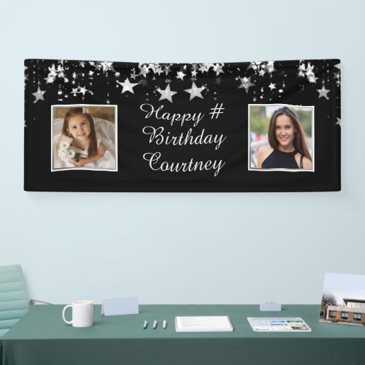 Elke Verjaardag Zwart Zilver Sterren Foto's Aangep Spandoek (Beurs)