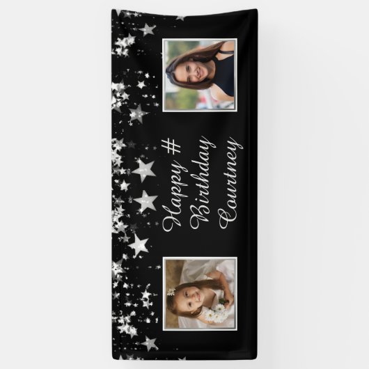 Elke Verjaardag Zwart Zilver Sterren Foto's Aangep Spandoek (Verticaal)