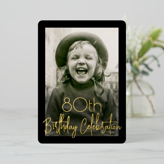 ELKE Verjaardagsfeest 2 Foto Chic Zwart en Echt Folie Uitnodiging (Staand Voorkant)