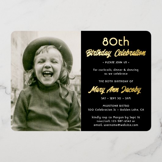 ELKE Verjaardagsfeest 2 Foto Elegant Zwart en Echt Folie Uitnodiging (Voorkant)