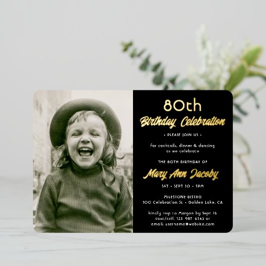 ELKE Verjaardagsfeest 2 Foto Elegant Zwart en Echt Folie Uitnodiging (Staand Voorkant)