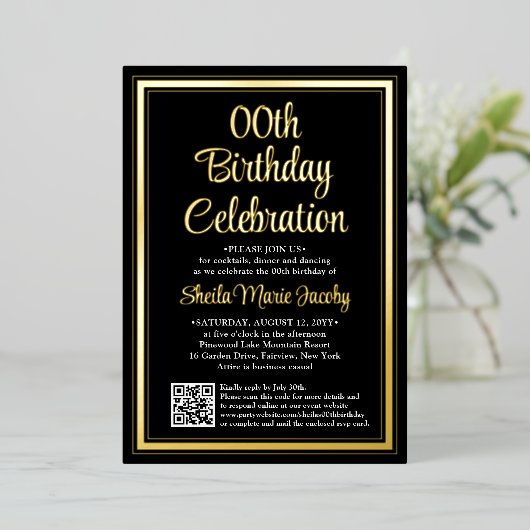 Elke Verjaardagsfeest QR Code & Foto Zwart en Echt Folie Uitnodiging (Staand Voorkant)