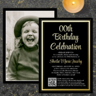 Elke Verjaardagsfeest QR Code & Foto Zwart en Echt Folie Uitnodiging