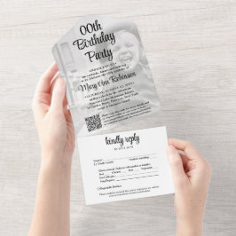 Elke verjaardagsfeest QR-code RSVP en foto-overlay All In One Uitnodiging