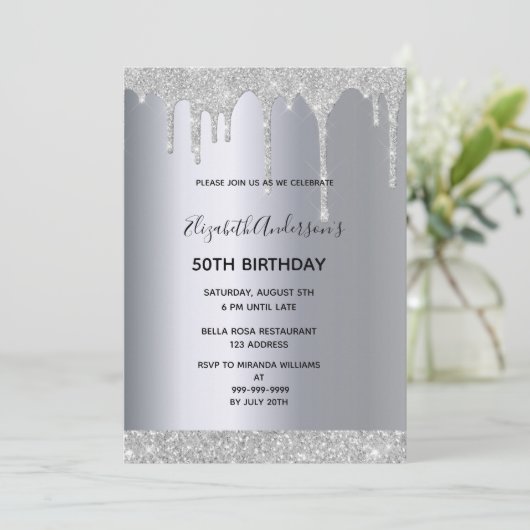 Elke verjaardagsfeestdag zilveren glitterdruppel kaart (Staand voorkant)