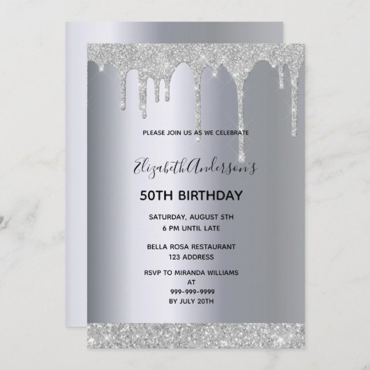 Elke verjaardagsfeestdag zilveren glitterdruppel kaart (Voorkant / Achterkant)