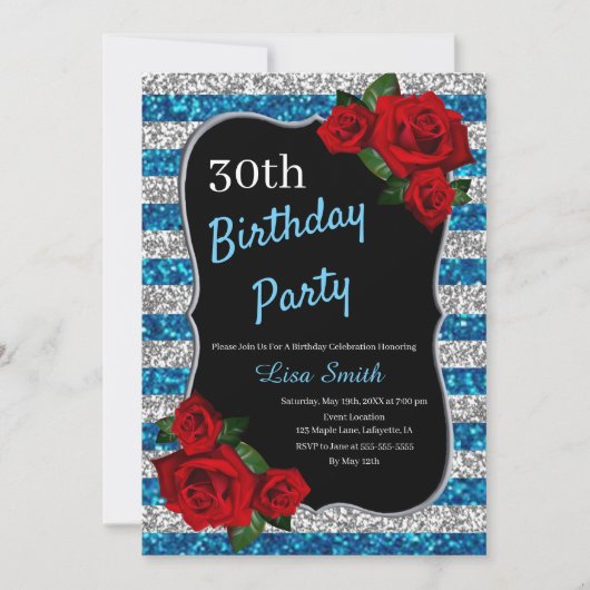 Elke zondag blauw en zilveren glitterrode rozen kaart (Voorkant)