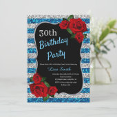 Elke zondag blauw en zilveren glitterrode rozen kaart (Staand voorkant)