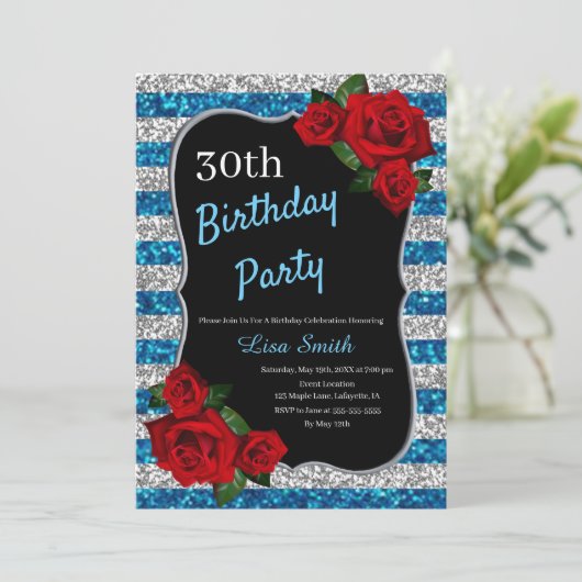 Elke zondag blauw en zilveren glitterrode rozen kaart (Staand voorkant)