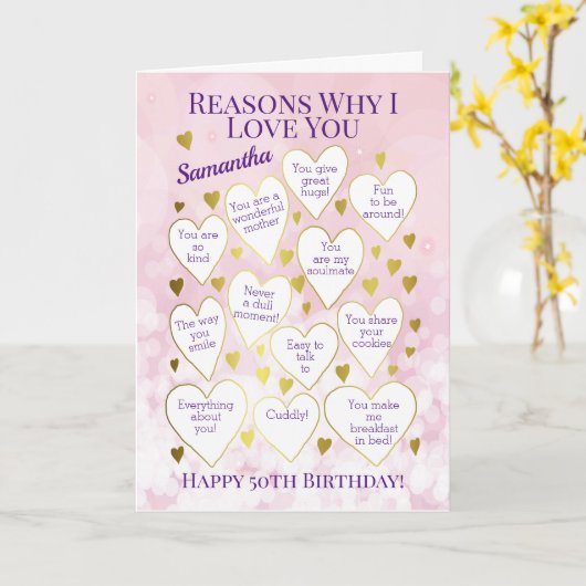 Elke zondag redenen waarom ik van je hou, roze kaart (Gele Bloem)