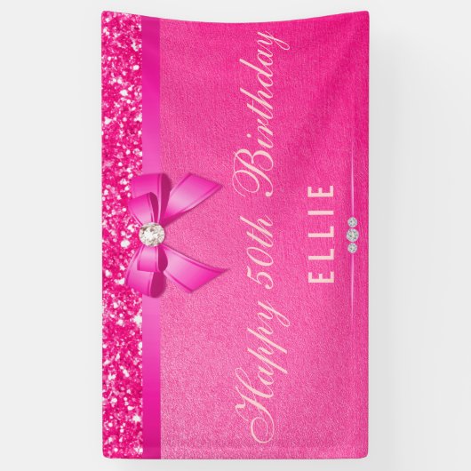 Elke zondag van de dag Fuchsia Diamond Bow Glitter Spandoek (Verticaal)