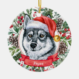 Elkhound Dog Custom Santa Hat Kerstversier Keramisch Ornament