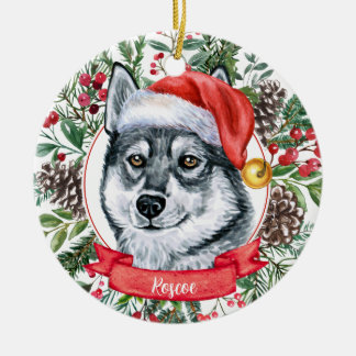 Elkhound Dog Custom Santa Hat Kerstversier Keramisch Ornament