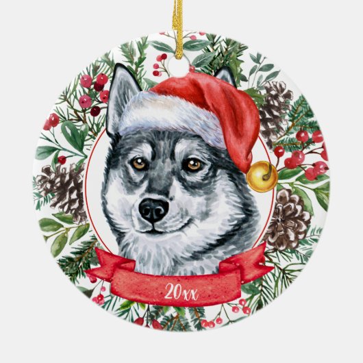 Elkhound Dog Custom Santa Hat Kerstversier Keramisch Ornament (Achterkant)