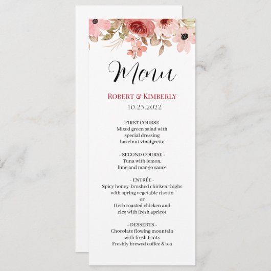 ELLE roze bloem elegante bruiloft Menu (Voorkant / Achterkant)