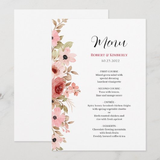 ELLE roze bloem elegante bruiloft Menu (Voorkant / Achterkant)