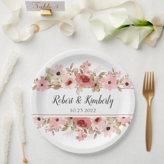 ELLE roze bloem elegante bruiloft Papieren Bordje (Huwelijk)