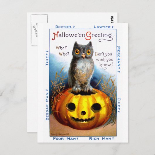 Ellen H. Clapsaddle: Halloween Owl Briefkaart (Voorkant / Achterkant)