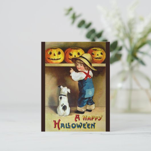 Ellen H. Clapsaddle: Jongen, Dog en Jack O'Lantern Briefkaart (Staand voorkant)