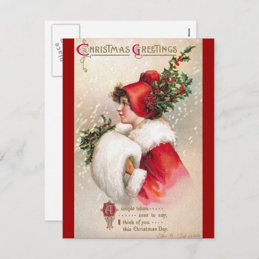 Ellen H. Clapsaddle - Kerstvrouw in het rood Feestdagenkaart (Voorkant / Achterkant)