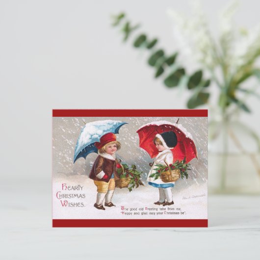 Ellen H. Clapsaddle - Twee kinderen met paraplu's Feestdagenkaart (Staand voorkant)